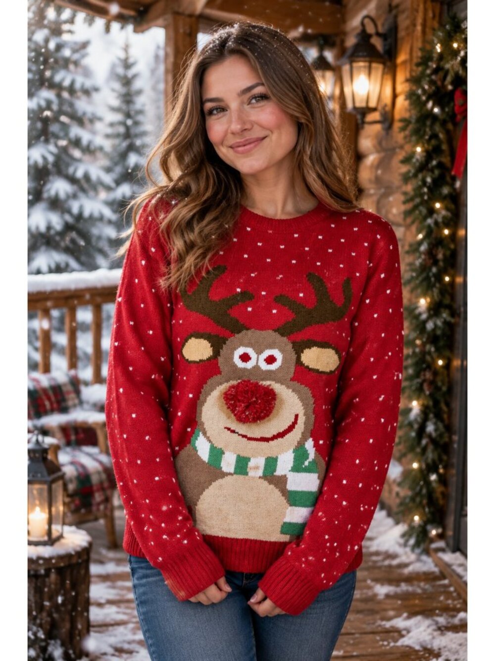 3D Pom-Pom Nose Christmas Reindeer Knit Sweater Crew Neck Long Sleeve Pullover
